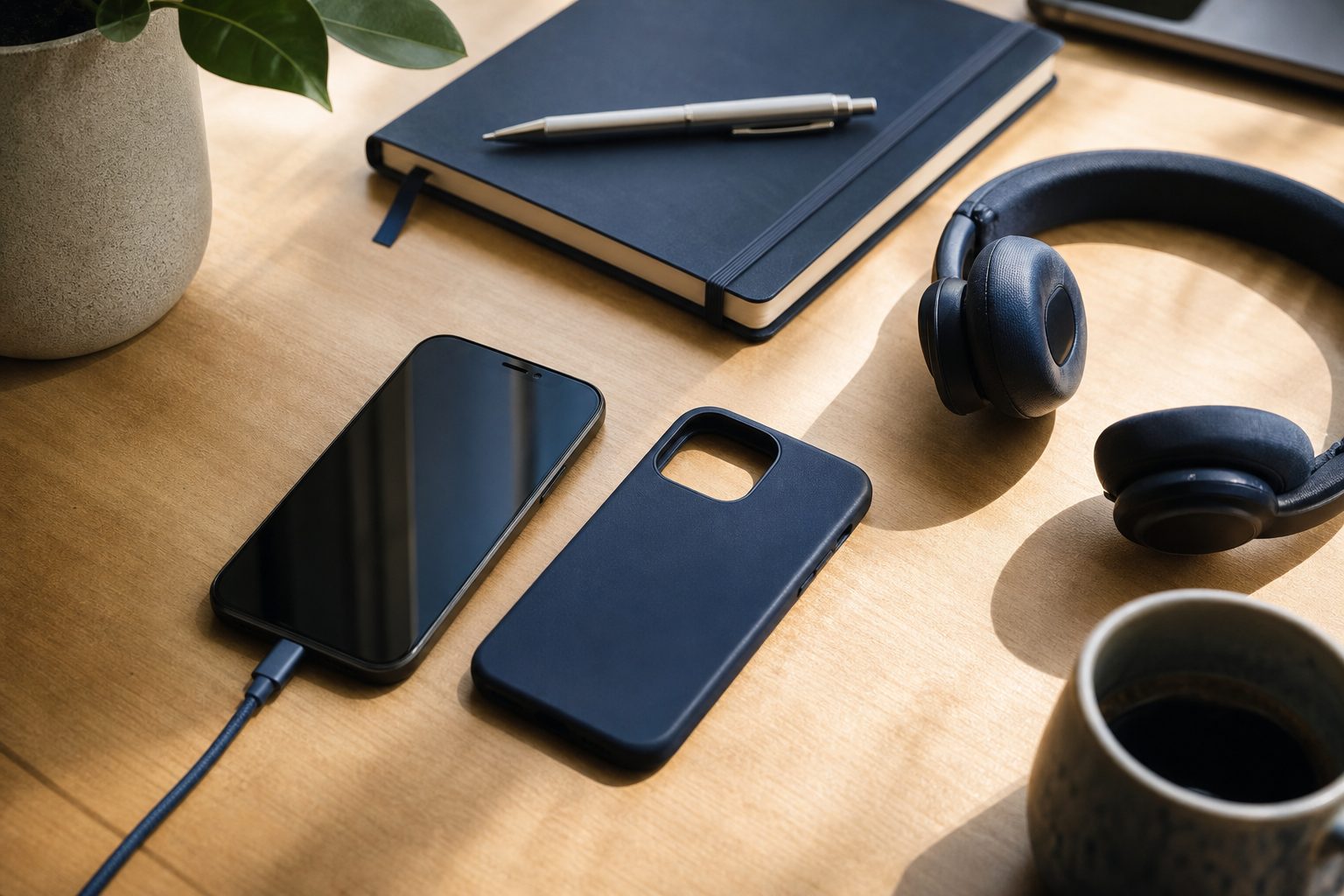 Organized desk with phone and headphones