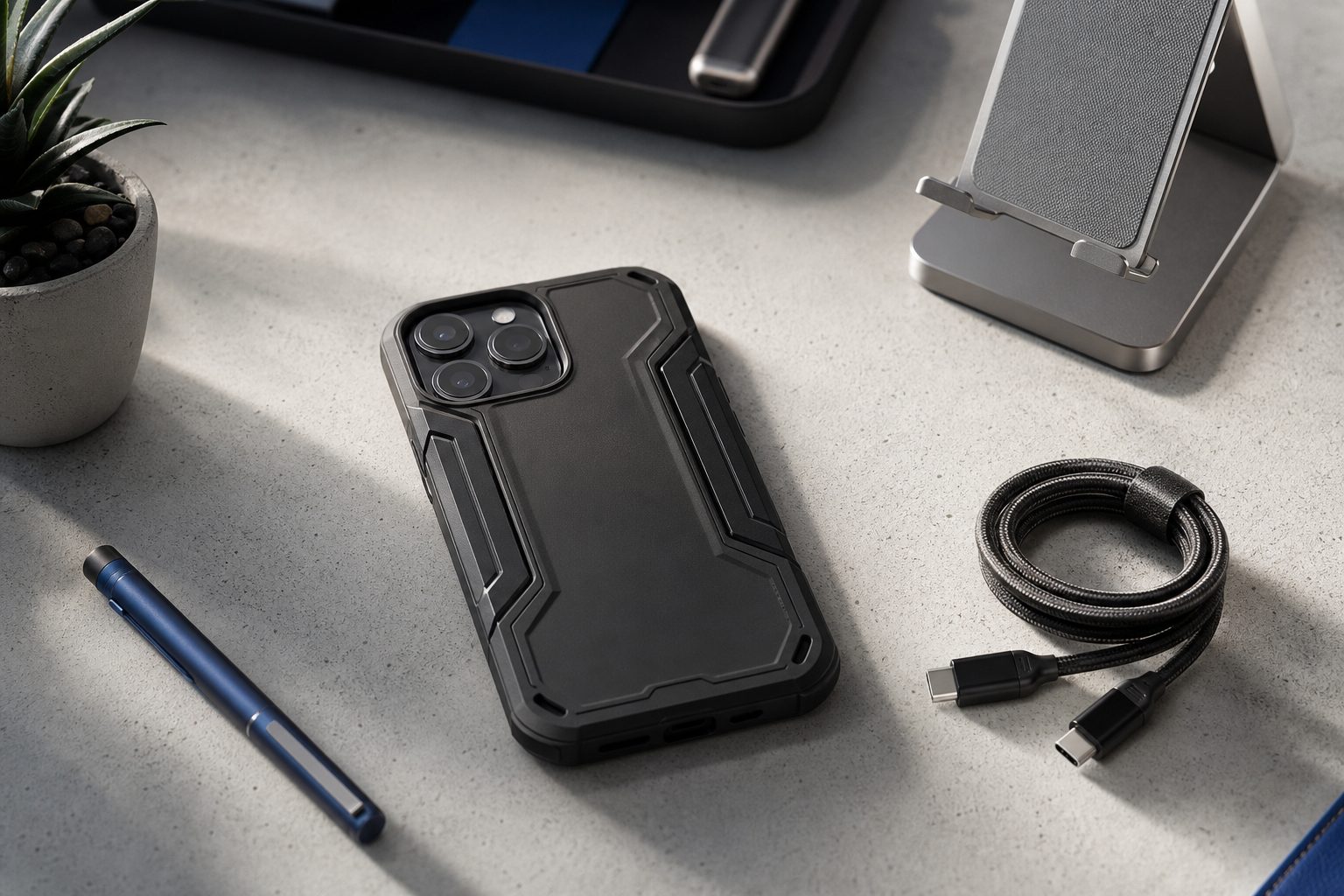 Matte black smartphone case and charging accessories on a concrete desk