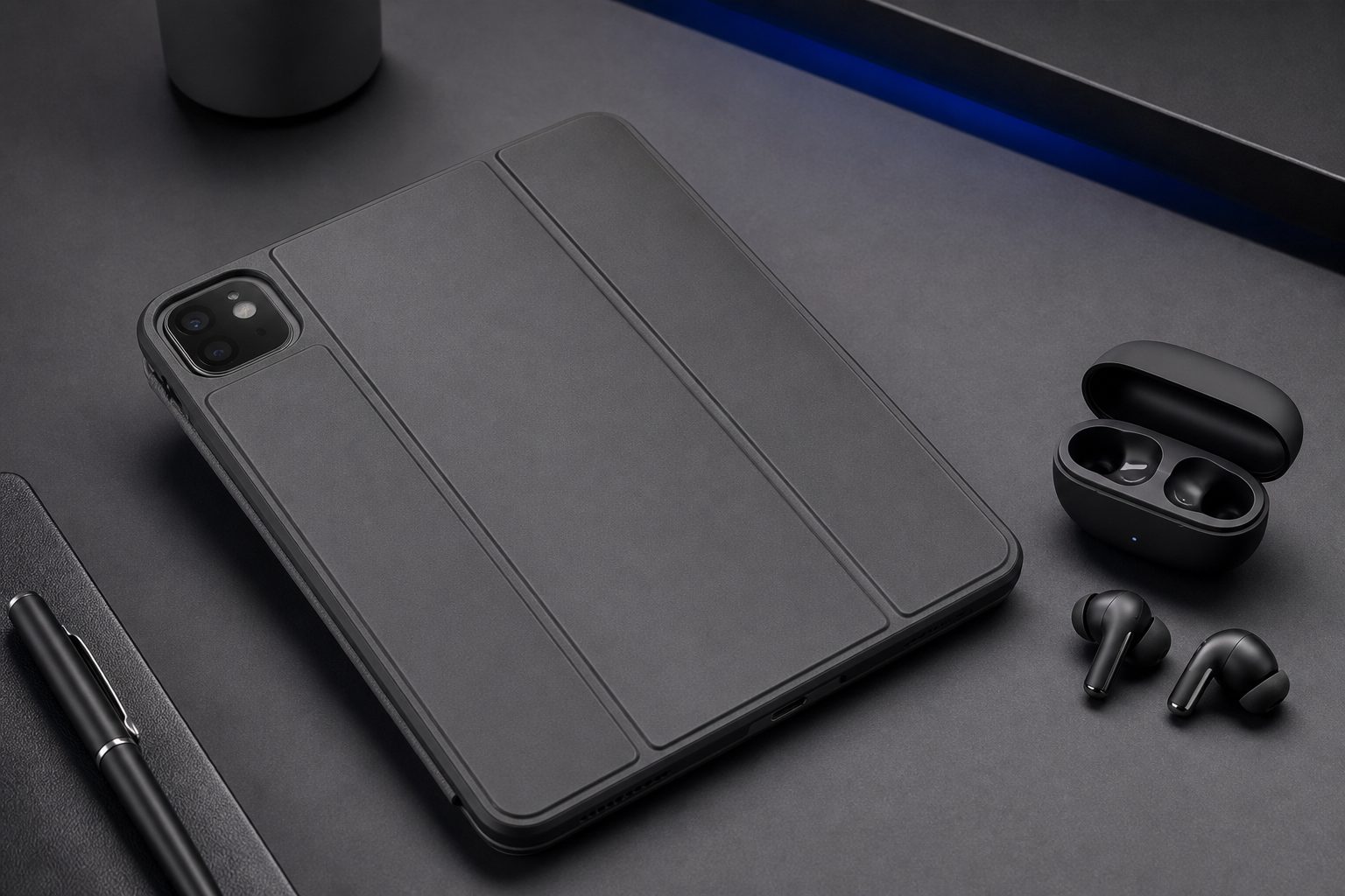 Tablet case and wireless earbuds