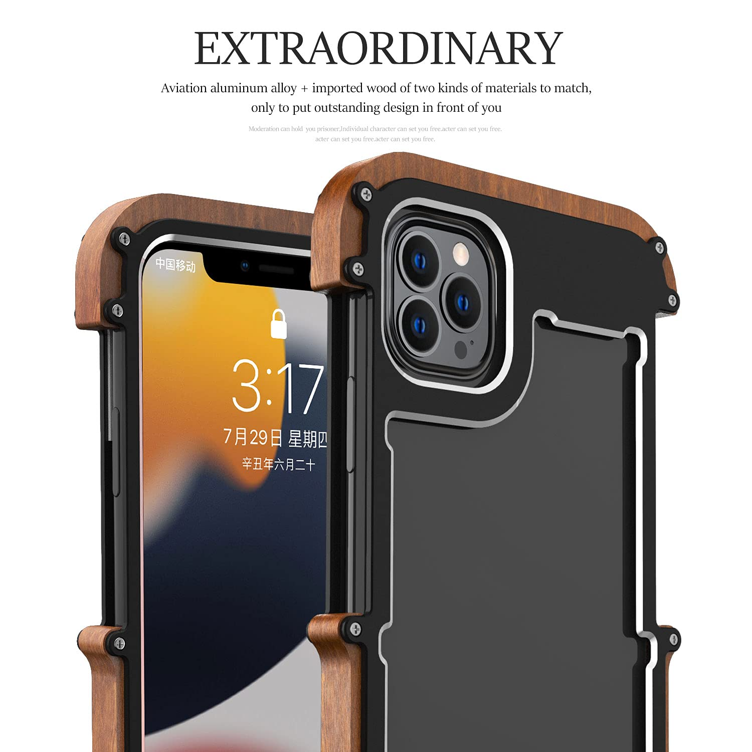 Case for iPhone 13 Mini, Drop Protection Aluminum Metal Wood Bumper Frame Cover Shockproof Dropproof Protective Case for iPhone 13 Mini 5.4 inch 2021